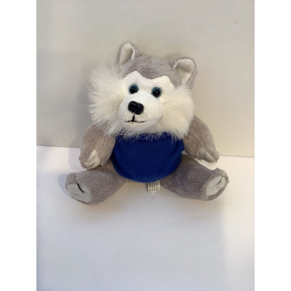Gray and White Husky Dog Plush Stuffed Animal Blue Shirt Soft Toy
